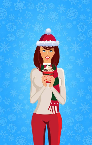 サンタの帽子と冬の c に身を包んだ長い茶色の髪とかわいい女の子 — ストックベクタ