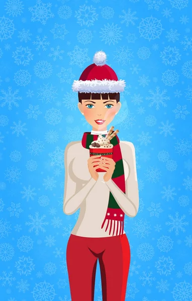 Jul och nyår illustration av söt tjej med brunt hår — Stock vektor
