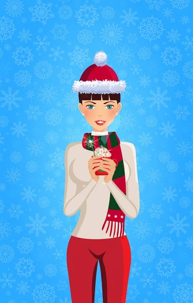 Ragazza carina con i capelli castani vestita in cappello di Babbo Natale e abbigliamento invernale — Vettoriale Stock