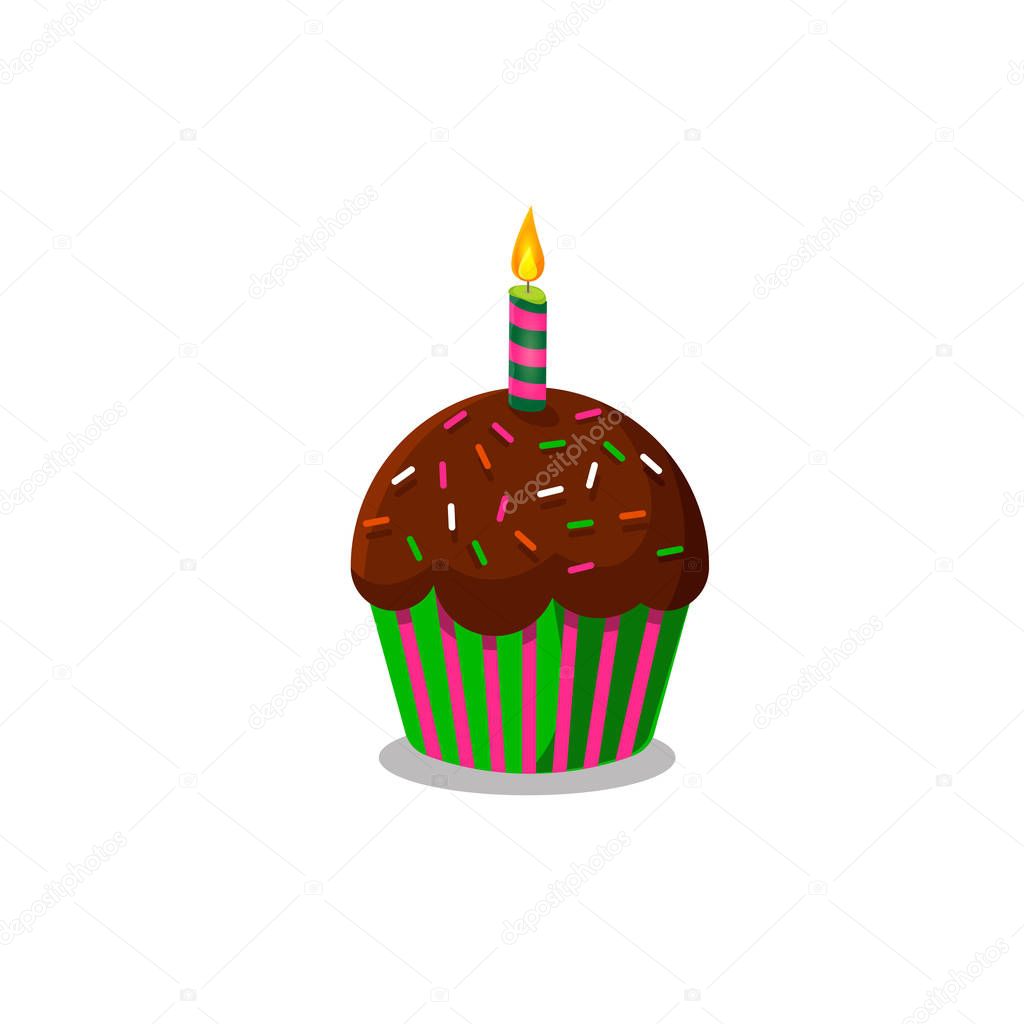 Vector illustration of cup cake wirh burning candle isolated on