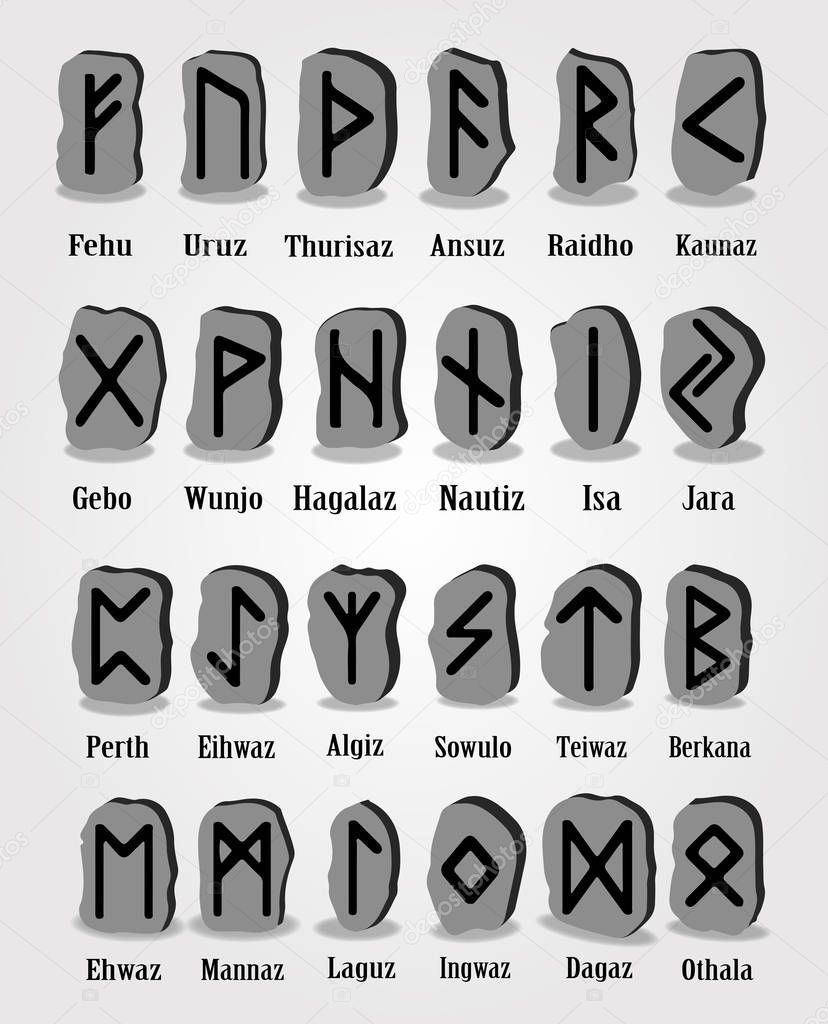 ✓ Set of old norse scandinavian runes carved in stone. Runic