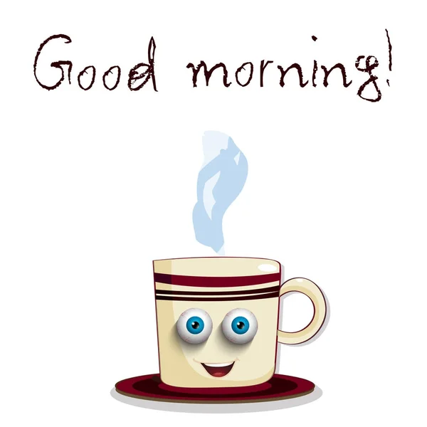 Bonito desenho animado sorrindo Cup com olhos sonolentos azuis com listras e — Vetor de Stock