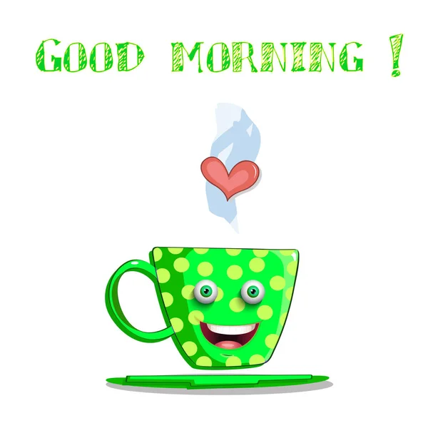 Linda caricatura sonriente taza femenina verde con lunares amarillos, ey — Vector de stock