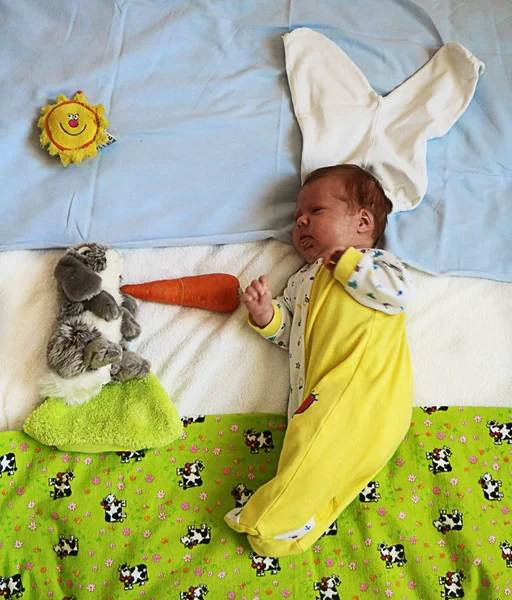 Lindo recién nacido bebé con conejo orejas jugando con conejito juguete feedin — Foto de Stock