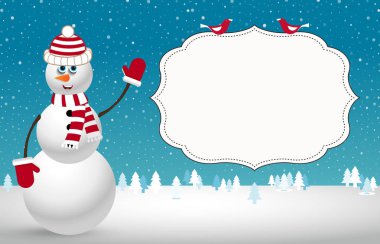 Christmas card with fir trees, snowman and space for text. clipart