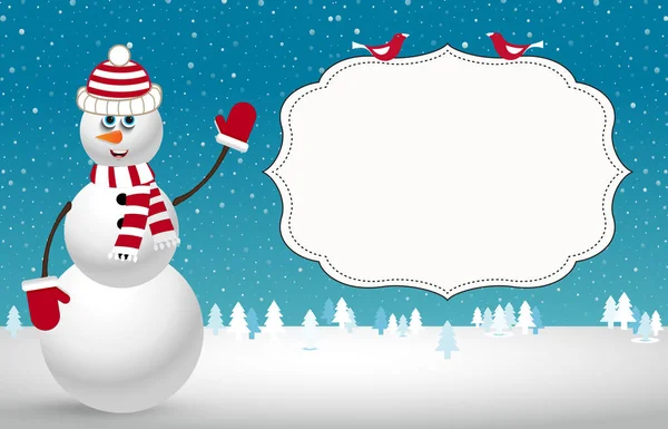 Tarjeta navideña con abetos, muñeco de nieve y espacio para texto . — Archivo Imágenes Vectoriales