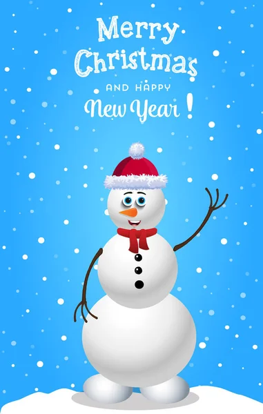 Weihnachts- und Neujahrskarte mit niedlichem Schneemann in Weihnachtsmütze und rotem Schal — Stockvektor
