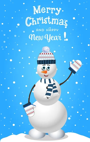 Kerstmis en Nieuwjaar kaart met schattige sneeuwpop in gebreide muts en gestreepte sjaal — Stockvector
