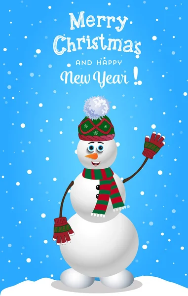 Tarjeta de Navidad y año nuevo con muñeco de nieve lindo en sombrero de punto y bufanda a rayas . — Archivo Imágenes Vectoriales