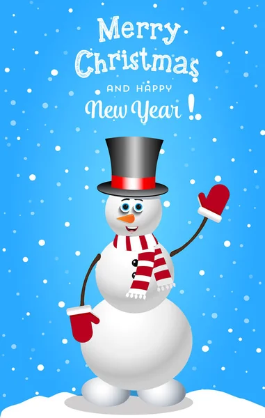 Tarjeta de Navidad y año nuevo con muñeco de nieve lindo en sombrero de cilindro y bufanda a rayas . — Archivo Imágenes Vectoriales
