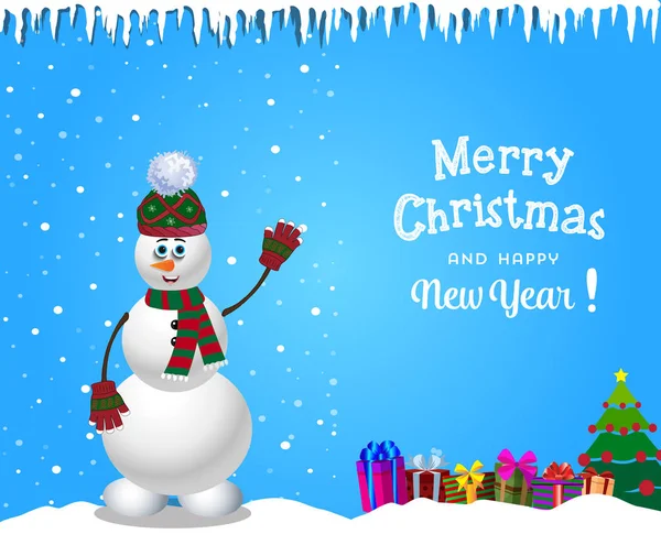 Kerstmis en Nieuwjaar kaart met schattige sneeuwpop in gebreide muts en geschenken — Stockvector