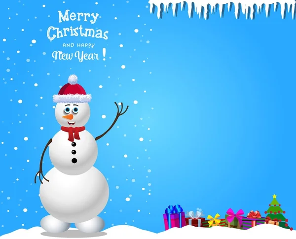 Kerstmis en Nieuwjaar kaart met sneeuwpop in muts en sjaal — Stockvector