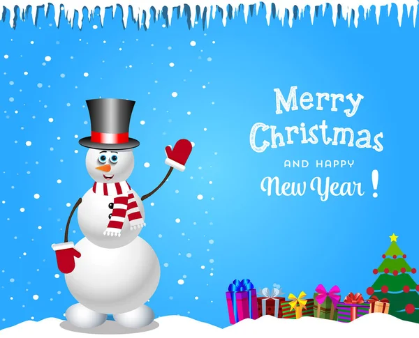 Weihnachts- und Neujahrskarte mit niedlichem Schneemann im Zylinderhut und Geschenken — Stockvektor