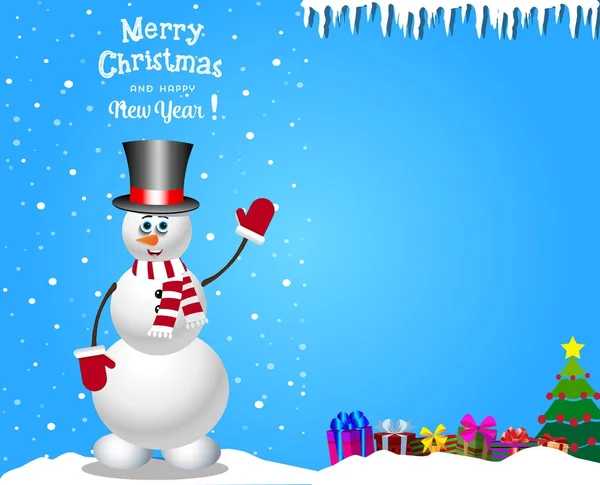 Kerstmis en Nieuwjaar kaart met ruimte voor tekst. Vectorillustratie van schattige sneeuwpop in cilinder hoed. — Stockvector