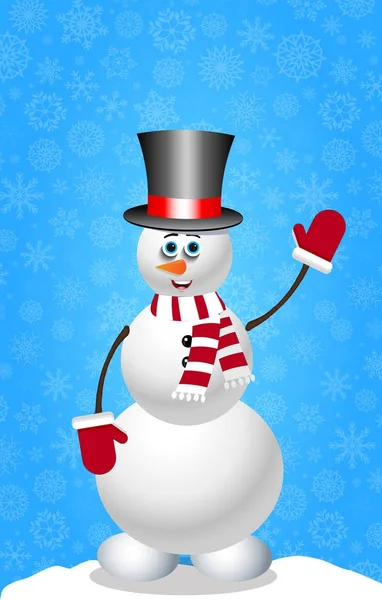 Рождественская и новогодняя открытка со снеговиком в цилиндрической шляпе, варежках и шарфе — стоковый вектор