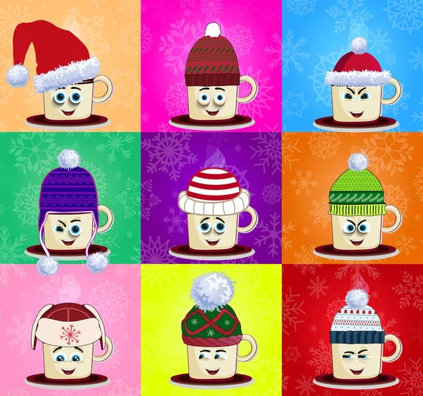 Conjunto emoji de copas lindas con mejillas, ojos y boca sonriente en divertidos sombreros de punto . — Vector de stock