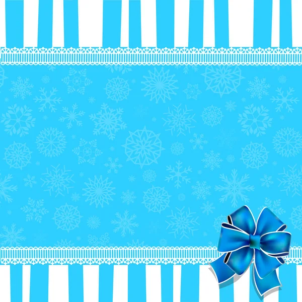 Grußkarte mit blauer Schleife, Spitze und Kopierraum auf blau und weiß — Stockvektor