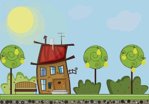 Cute cartoon fabulous house, sun, cat on the roof, bench, bushes — Stock Vector