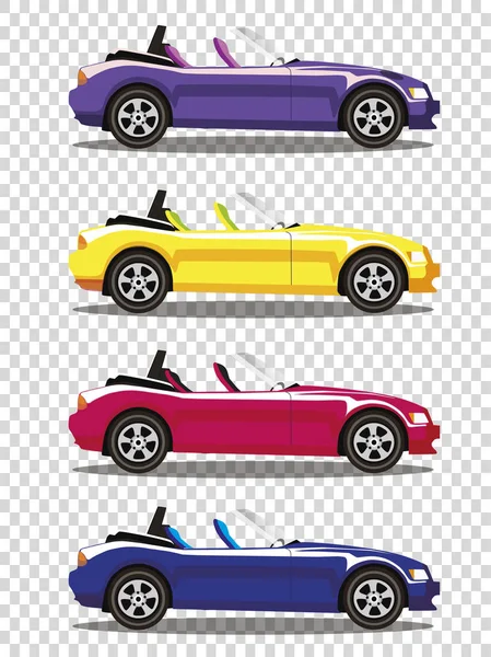 Zestaw nowoczesnych kreskówki kolorowe samochody cabriolet na białym tle na transpa — Wektor stockowy