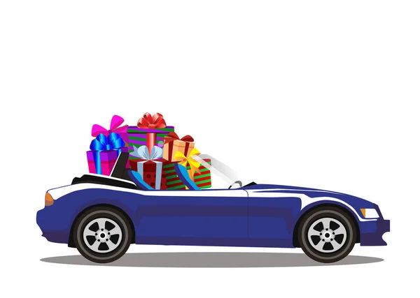 Azul escuro moderno desenho animado carro cabriolet cheio de caixas de presente —  Vetores de Stock