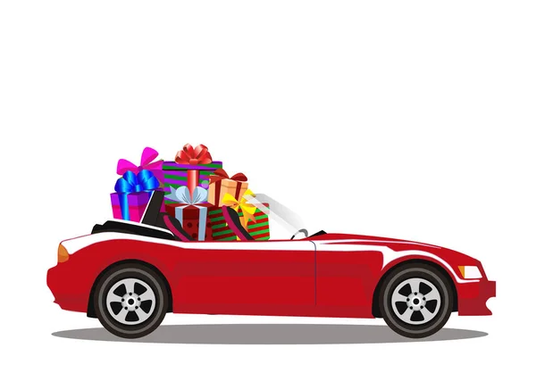 รถแคบริโอเลตการ์ตูนสมัยใหม่สีแดง เต็มไปด้วยกล่องของขวัญ — ภาพเวกเตอร์สต็อก