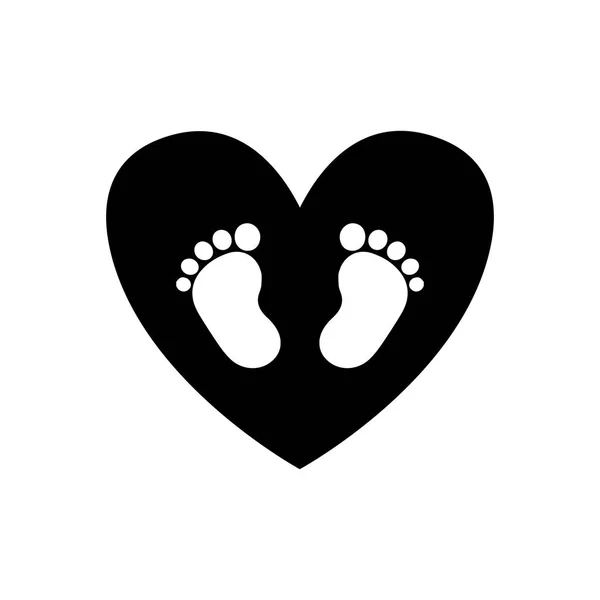 검은 심장 아이콘 흰색 bac에 고립 된 내부 아기 발자국 — 스톡 벡터