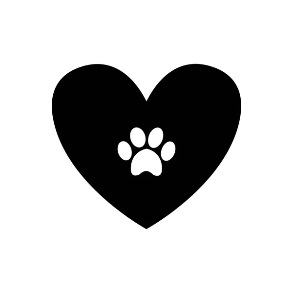 Pawprint animal dentro do coração preto isolado no fundo branco . —  Vetores de Stock