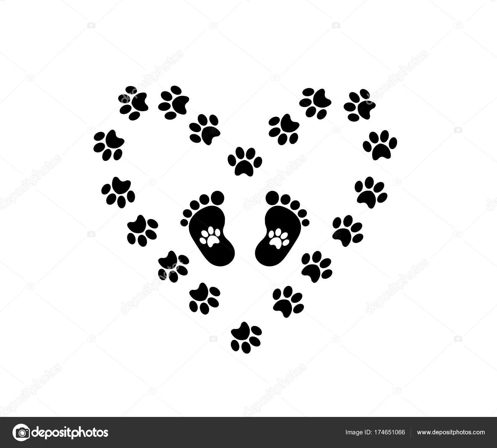 Black silhouette of baby footprints with pawprints inside framed Stock Vector Image by
