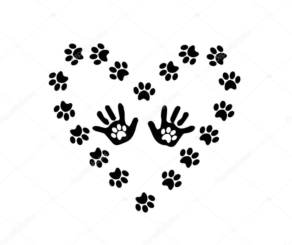 Black silhouette of baby handprints with pawprints inside framed