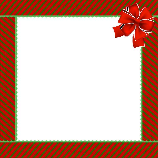 Cute Christmas or new year frame with green and red diagonal stripes and red festive ribbon