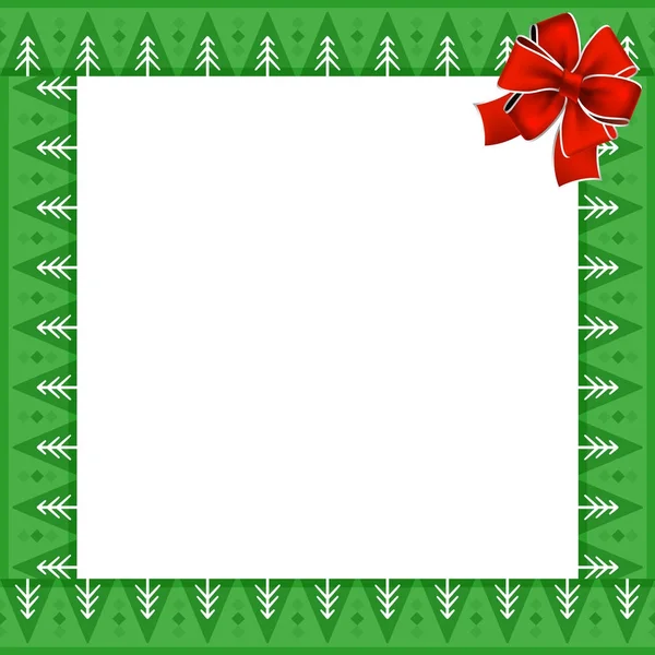 Cadre avec motif d'arbres de Noël sur fond vert et arc rouge festif — Image vectorielle