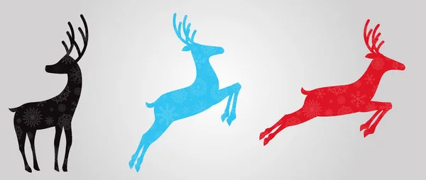 驯鹿的黑色、蓝色和红色剪影 — 图库矢量图片