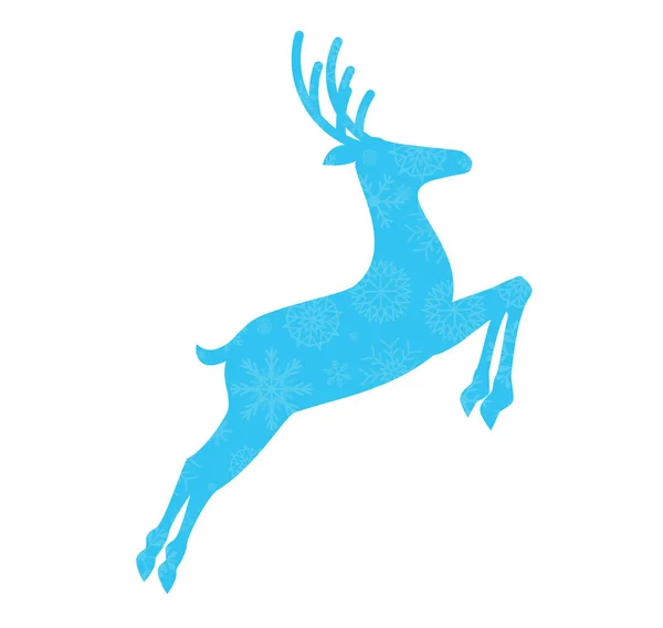 Silueta azul de reno saltador con patrón de copos de nieve — Vector de stock