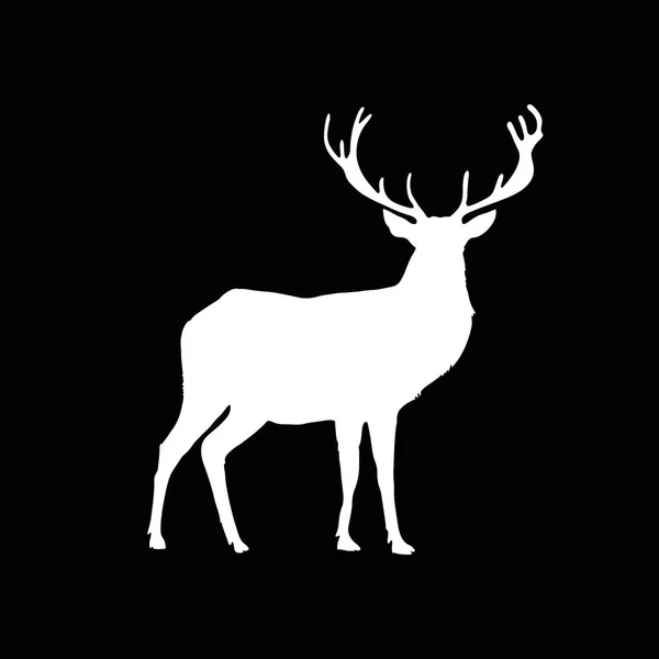Белый силуэт оленей с большими рогами, изолированными на черной ба — стоковый вектор