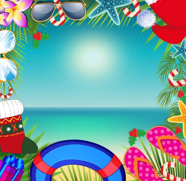 Mutlu Noeller ve mutlu yeni yıl bir sıcak iklim tasarım arka plan üzerinde kenarlık. Yaz tatil aksesuarları ve palm beach arka plan üzerinde santa şapka ile bırakır. Noel beach çerçeve kopya alanı ile.
