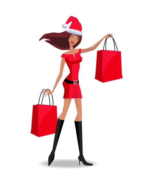 红色连衣裙圣诞老人女孩的性格和圣诞老人的帽子藏品红色商店 — 图库矢量图片