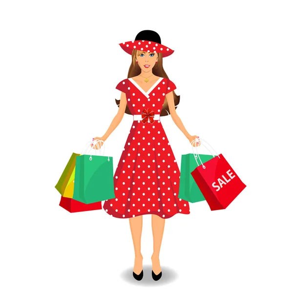 Beautiful woman in red dress and hat holding colored shopping ba — Stock Vector