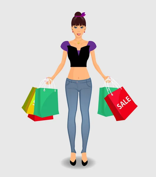 Žena v jeance a top drží barevné nákupní tašky — Stockový vektor
