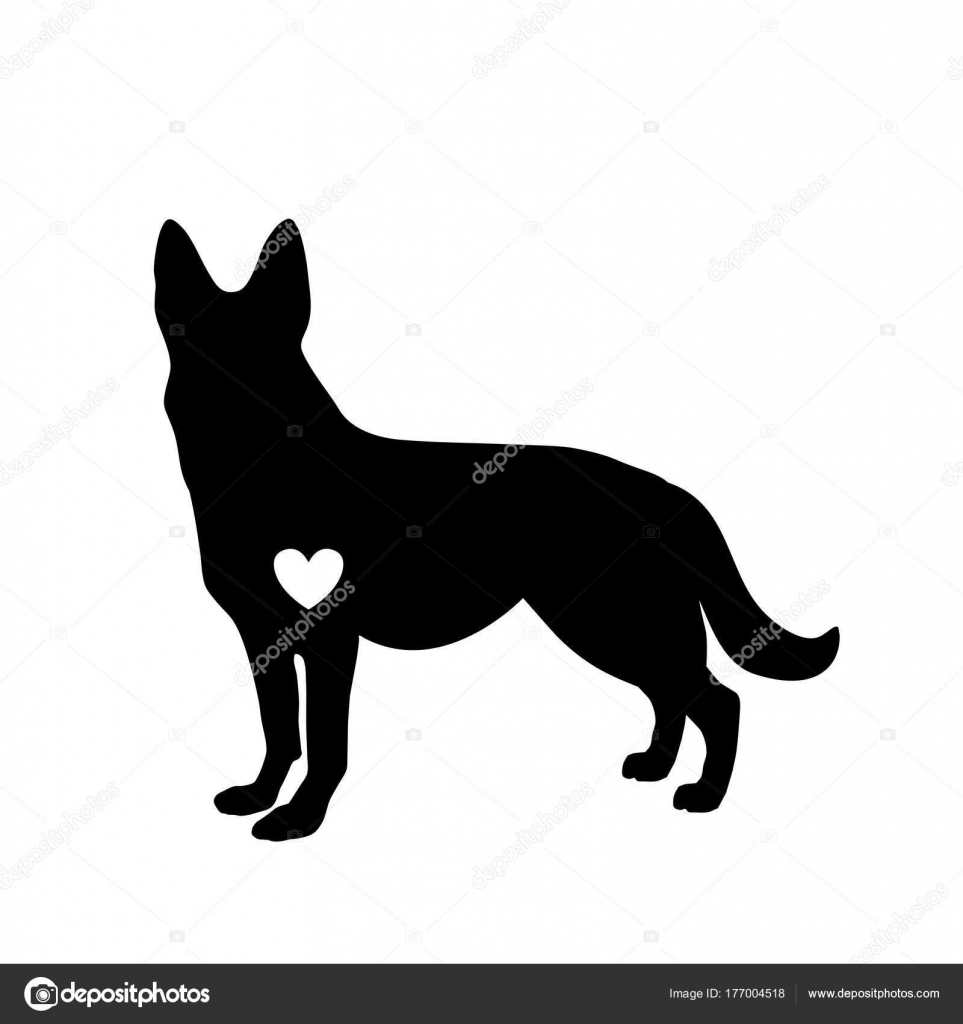 Silueta negra de perro pastor alemán con standig corazón blanco Vector de  stock #177004518 de ©Katarepsius, image size:963x1024
