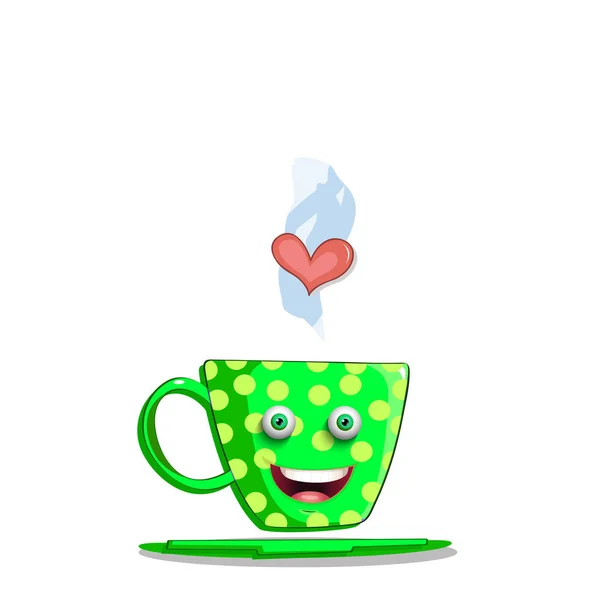 Aranyos rajzfilm gőzölgő csésze zöld szív. — Stock Vector