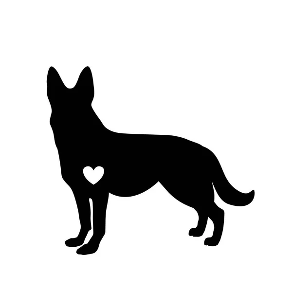 Silhueta preta de cão pastor alemão com standig coração branco —  Vetores de Stock