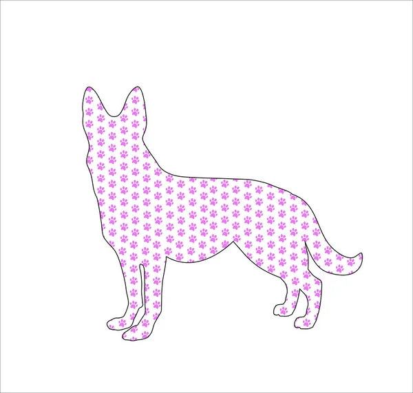 Silhouette eines Schäferhundes gefüllt mit rosa Hundepfoten-Prints pa — Stockvektor
