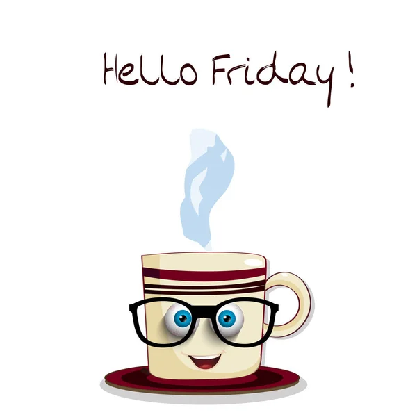 Mignon dessin animé tasse souriante dans des lunettes et du texte Bonjour vendredi — Image vectorielle