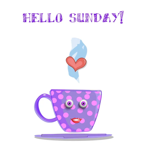Carino cartone animato lilla sorridente tazza con testo ciao domenica — Vettoriale Stock