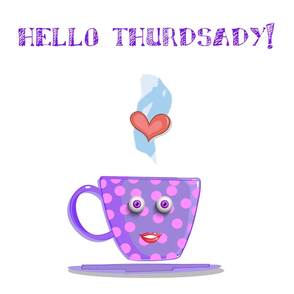 Roztomilý kreslený lila s úsměvem pohár a text hello čtvrtek — Stockový vektor