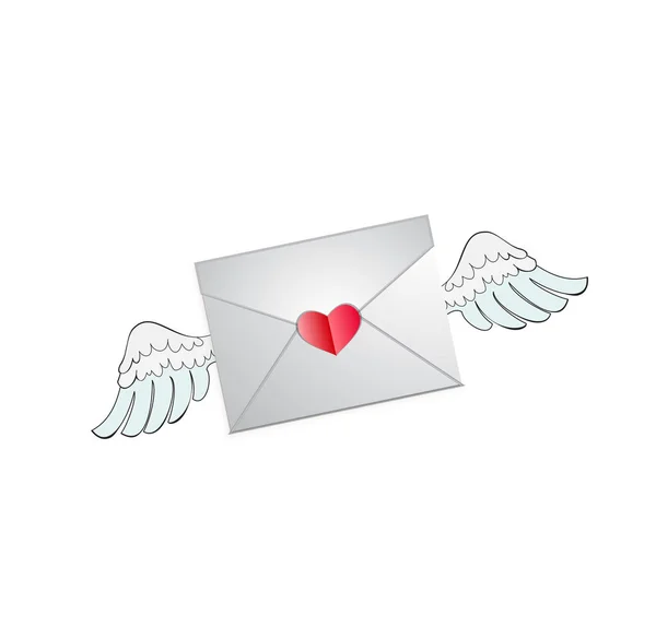 Closed envelope with heart stamp and white angel wings. — Stock Vector