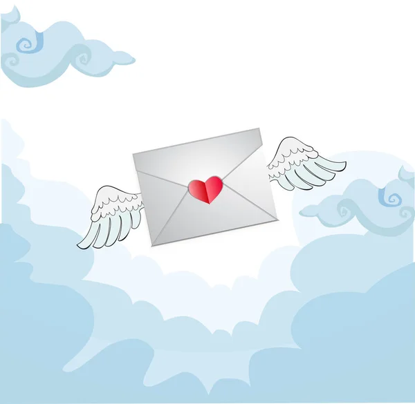 Φέρουν αγάπη επιστολή με φτερά λευκά αγγέλου στο μπλε του ουρανού. — Διανυσματικό Αρχείο