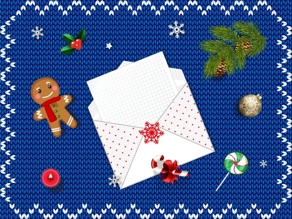 ท็อปวิวบนจดหมายว่างให้ซานตาคลอสบนผ้าสีฟ้าถัก b — ภาพเวกเตอร์สต็อก