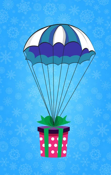 Presentförpackad med grönt band flyger på blå och vita parachut — Stock vektor