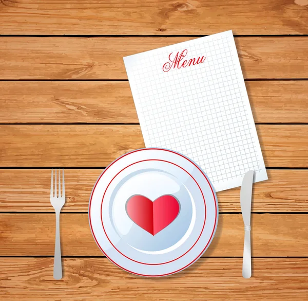 Çatal ve bıçak ahşap masa yüzeyi beyaz plaka üzerinde kalp — Stok Vektör